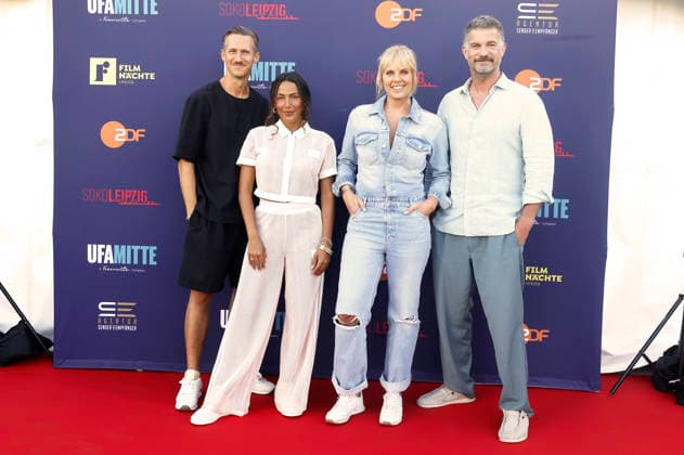Johannes Hendrik Langer, Amy Mußul, Melanie Marschke und Simon Böer bei der SOKO Leipzig -Nacht bei den Filmnächten Leipzig 2026 auf der Galopprennbahn Scheibenholz. Leipzig, 07.08.2026