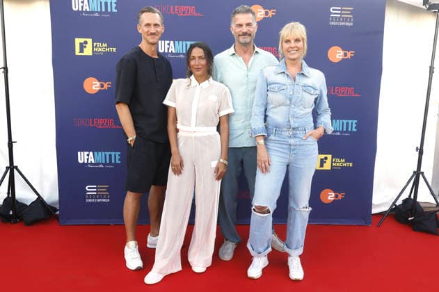 Johannes Hendrik Langer, Amy Mußul, Simon Böer und Melanie Marschke bei der SOKO Leipzig -Nacht bei den Filmnächten Leipzig 2026 auf der Galopprennbahn Scheibenholz. Leipzig, 07.08.2026