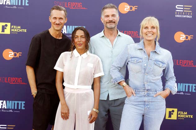 Johannes Hendrik Langer, Amy Mußul, Simon Böer und Melanie Marschke bei der SOKO Leipzig -Nacht bei den Filmnächten Leipzig 2026 auf der Galopprennbahn Scheibenholz. Leipzig, 07.08.2026