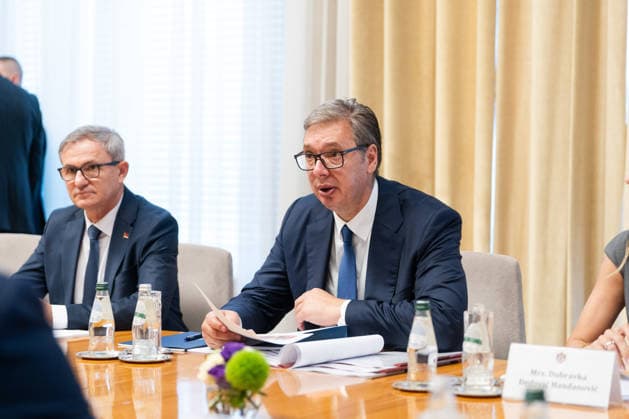 August 8, 2026, Belgrade, Central Serbia, Serbia: 202688, Belgrade, Serbia - Serbian President VUCIC ALEKSANDAR hosts Ukrainian President VOLODYMYR ZELENSKYY during his official visit to the Republic of Serbia at the Palace of Serbia. State delegations hold bilateral discussions as part of the official visit to the Republic of Serbia. Belgrade Serbia - ZUMAd223 20260808_zip_d223_023 Copyright: xMarkoxDimicx