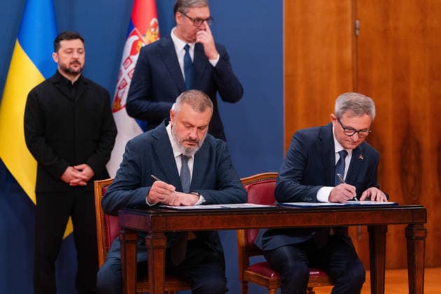 August 8, 2026, Belgrade, Central Serbia, Serbia: 202688, Belgrade, Serbia - Serbian President VUCIC ALEKSANDAR hosts Ukrainian President VOLODYMYR ZELENSKYY during his official visit to the Republic of Serbia at the Palace of Serbia. Ukrainian Ambassador to Serbia LITVINENKO OLEKSANDAR and Serbian Minister of Agriculture GLAMOCIC DRAGAN sign a Memorandum of Understanding. Belgrade Serbia - ZUMAd223 20260808_zip_d223_026 Copyright: xMarkoxDimicx