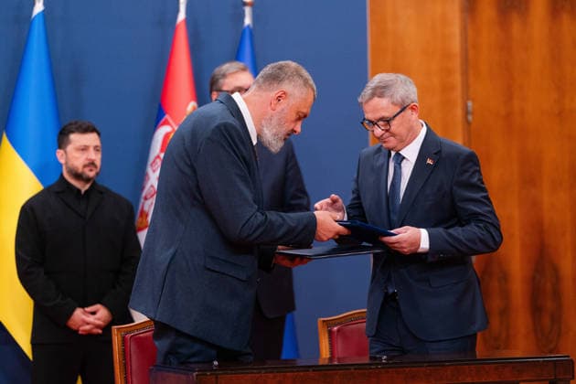 August 8, 2026, Belgrade, Central Serbia, Serbia: 202688, Belgrade, Serbia - Serbian President VUCIC ALEKSANDAR hosts Ukrainian President VOLODYMYR ZELENSKYY during his official visit to the Republic of Serbia at the Palace of Serbia. Ukrainian Ambassador to Serbia LITVINENKO OLEKSANDAR and Serbian Minister of Agriculture GLAMOCIC DRAGAN sign a Memorandum of Understanding. Belgrade Serbia - ZUMAd223 20260808_zip_d223_027 Copyright: xMarkoxDimicx