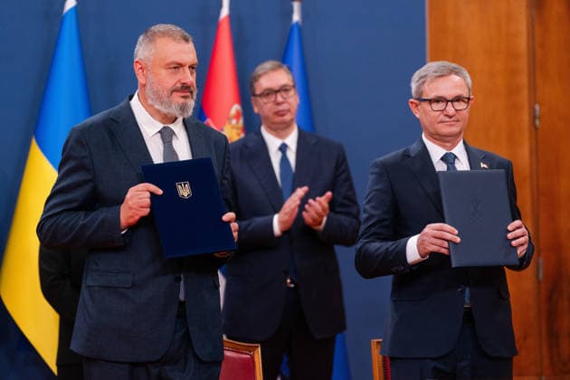 August 8, 2026, Belgrade, Central Serbia, Serbia: 202688, Belgrade, Serbia - Serbian President VUCIC ALEKSANDAR hosts Ukrainian President VOLODYMYR ZELENSKYY during his official visit to the Republic of Serbia at the Palace of Serbia. Ukrainian Ambassador to Serbia LITVINENKO OLEKSANDAR and Serbian Minister of Agriculture GLAMOCIC DRAGAN sign a Memorandum of Understanding. Belgrade Serbia - ZUMAd223 20260808_zip_d223_028 Copyright: xMarkoxDimicx