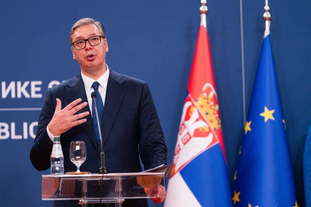 August 8, 2026, Belgrade, Central Serbia, Serbia: 202688, Belgrade, Serbia - Serbian President VUCIC ALEKSANDAR hosts Ukrainian President VOLODYMYR ZELENSKYY during his official visit to the Republic of Serbia at the Palace of Serbia. Serbian President VUCIC ALEKSANDAR addresses the media during a joint press conference. Belgrade Serbia - ZUMAd223 20260808_zip_d223_029 Copyright: xMarkoxDimicx