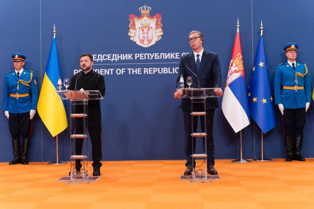 August 8, 2026, Belgrade, Central Serbia, Serbia: 202688, Belgrade, Serbia - Serbian President VUCIC ALEKSANDAR hosts Ukrainian President VOLODYMYR ZELENSKYY during his official visit to the Republic of Serbia at the Palace of Serbia. Belgrade Serbia - ZUMAd223 20260808_zip_d223_031 Copyright: xMarkoxDimicx