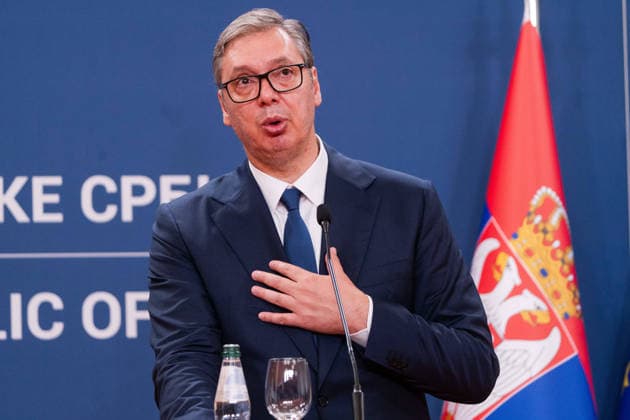 August 8, 2026, Belgrade, Central Serbia, Serbia: 202688, Belgrade, Serbia - Serbian President VUCIC ALEKSANDAR hosts Ukrainian President VOLODYMYR ZELENSKYY during his official visit to the Republic of Serbia at the Palace of Serbia. Serbian President VUCIC ALEKSANDAR addresses the media during a joint press conference. Belgrade Serbia - ZUMAd223 20260808_zip_d223_036 Copyright: xMarkoxDimicx