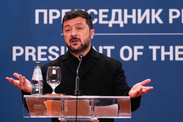August 8, 2026, Belgrade, Central Serbia, Serbia: 202688, Belgrade, Serbia - Serbian President VUCIC ALEKSANDAR hosts Ukrainian President VOLODYMYR ZELENSKYY during his official visit to the Republic of Serbia at the Palace of Serbia. Ukrainian President VOLODYMYR ZELENSKYY addresses the media during a joint press conference. Belgrade Serbia - ZUMAd223 20260808_zip_d223_037 Copyright: xMarkoxDimicx