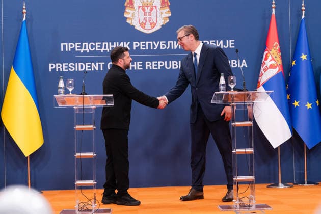 August 8, 2026, Belgrade, Central Serbia, Serbia: 202688, Belgrade, Serbia - Serbian President VUCIC ALEKSANDAR hosts Ukrainian President VOLODYMYR ZELENSKYY during his official visit to the Republic of Serbia at the Palace of Serbia. krainian President VOLODYMYR ZELENSKYY and Serbian President VUCIC ALEKSANDAR shake hands. Belgrade Serbia - ZUMAd223 20260808_zip_d223_039 Copyright: xMarkoxDimicx