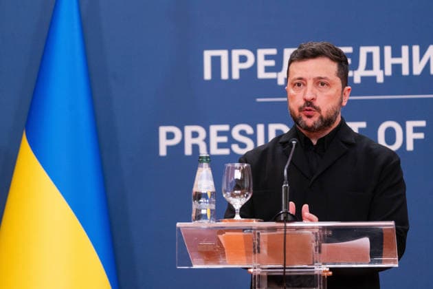 August 8, 2026, Belgrade, Central Serbia, Serbia: 202688, Belgrade, Serbia - Serbian President VUCIC ALEKSANDAR hosts Ukrainian President VOLODYMYR ZELENSKYY during his official visit to the Republic of Serbia at the Palace of Serbia. Ukrainian President VOLODYMYR ZELENSKYY addresses the media during a joint press conference. Belgrade Serbia - ZUMAd223 20260808_zip_d223_038 Copyright: xMarkoxDimicx