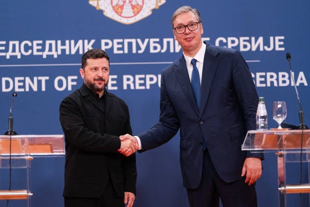 August 8, 2026, Belgrade, Central Serbia, Serbia: 202688, Belgrade, Serbia - Serbian President VUCIC ALEKSANDAR hosts Ukrainian President VOLODYMYR ZELENSKYY during his official visit to the Republic of Serbia at the Palace of Serbia. krainian President VOLODYMYR ZELENSKYY and Serbian President VUCIC ALEKSANDAR shake hands. Belgrade Serbia - ZUMAd223 20260808_zip_d223_040 Copyright: xMarkoxDimicx
