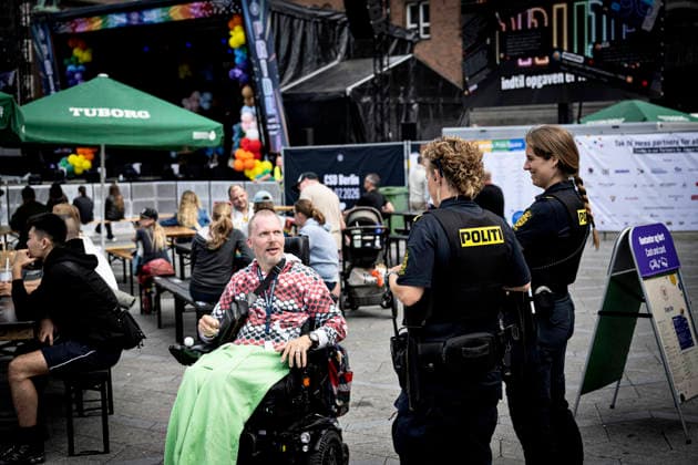 Copenhagen Pride 2026 Police at the opening of Pride Square at Copenhagen Pride 2026 at City Hall Square in Copenhagen on Saturday, August 8, 2026. Police says they will be visible at the pride week after the attack in Berlin. (Photo: Nils Meilvang Scanpix 2026) , Copenhagen Denmark Copyright: NILSxMEILVANG NilsxMeilvangx spdk20260808-163140-L