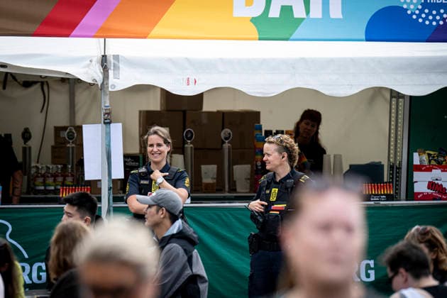 Copenhagen Pride 2026 Police at the opening of Pride Square at Copenhagen Pride 2026 at City Hall Square in Copenhagen on Saturday, August 8, 2026. Police says they will be visible at the pride week after the attack in Berlin. (Photo: Nils Meilvang Scanpix 2026) , Copenhagen Denmark Copyright: NILSxMEILVANG NilsxMeilvangx spdk20260808-163120-L