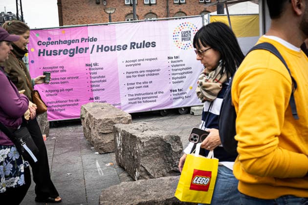 Copenhagen Pride 2026 Granite blocks as security outside the opening of Pride Square during Copenhagen Pride Week 2026 at City Hall Square in Copenhagen on Saturday, August 8, 2026. Police says they will be visible at the pride week after the attack in Berlin. (Photo: Nils Meilvang Scanpix 2026) , Copenhagen Denmark Copyright: NILSxMEILVANG NilsxMeilvangx spdk20260808-163130-L