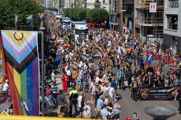 An overview image shows the crowd during the 2026 edition of the Antwerp Pride Parade, part of the Antwerp Pride 2022 festivities that celebrate and support the lesbian, gay, bisexual and transgender oriented people and their allies, Friday 07 August 2026 in Antwerpen.  JONASxROOSENS 182956251