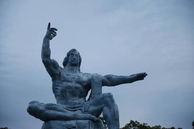 81st A-bomb anniversary in Nagasaki Photo shows the Peace Statue at Peace Park in Nagasaki on the early morning of Aug. 9, 2026, the 81st anniversary of the U.S. atomic bombing of the southwestern Japan city.  A14AA0005625365P