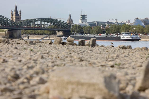 Sommer im Rheinland. Blick auf den Rhein bei Koeln (Köln) - Deutz. Der Rhein in Koeln (Köln) fuehrt (führt) Niedrigwasser aufgrund anhaltender Trockenheit. Im Hintergrund die Hohenzollernbruecke (Hohenzollernbrücke). Ein Schiff ist unterwegs. Sommer im Rheinland am 09.08.2026 in Koeln (Köln) Deutschland.