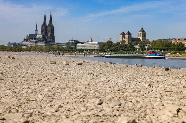 Sommer im Rheinland. Blick auf den Rhein bei Koeln (Köln) - Deutz. Der Rhein in Koeln (Köln) fuehrt (führt) Niedrigwasser aufgrund anhaltender Trockenheit. Im Hintergrund der Koelner (Kölner) Dom. Ein Schiff ist unterwegs. Sommer im Rheinland am 09.08.2026 in Koeln (Köln) Deutschland.