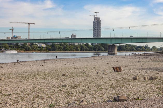 Sommer im Rheinland. Blick auf den Rhein bei Koeln (Köln) - Deutz. Der Rhein in Koeln (Köln) fuehrt (führt) Niedrigwasser aufgrund anhaltender Trockenheit. Im Hintergrund die Zoobruecke (Zoobrücke) und das AXA Hochhaus. Sommer im Rheinland am 09.08.2026 in Koeln (Köln) Deutschland.