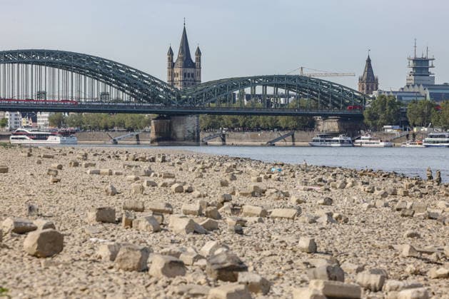 Sommer im Rheinland. Blick auf den Rhein bei Koeln (Köln) - Deutz. Der Rhein in Koeln (Köln) fuehrt (führt) Niedrigwasser aufgrund anhaltender Trockenheit. Im Hintergrund die Hohenzollernbruecke (Hohenzollernbrücke). Sommer im Rheinland am 09.08.2026 in Koeln (Köln) Deutschland.