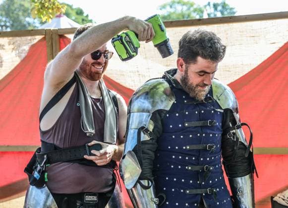 Kingdom of Loxwood medieval festival 09.08.2026. Members of the Full contact medieval armoured combat group Invicta take part in mass combat at the Kingdom of Loxwood medieval festival in west Sussex  Copyright: xRichardxPohlex NINTCHDBPICT001100253783
