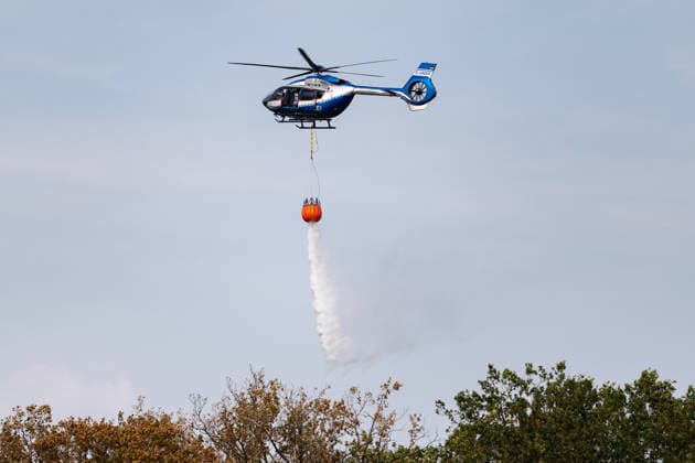 Feuerwehr kämpft bei Buschhoven gegen Flächenbrand am Waldrand Bei Buschhoven (Gemeinde Swisttal) breitet sich ein Flächenbrand aus: Ein zunächst brennendes Feld hat sich durch starken Wind auf angrenzenden Wald ausgeweitet, mehr als 10.000 Quadratmeter sind betroffen. Rund 150 Einsatzkräfte der Feuerwehr aus Swisttal, Alfter, Rheinbach und Weilerswist kämpfen gegen die Flammen, ein Polizeihubschrauber unterstützt die Löscharbeiten aus der Luft. Swisttal Buschhoven Nordrhein-Westfalen Deutschland Copyright: xMarcxJohnx