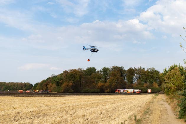 Feuerwehr kämpft bei Buschhoven gegen Flächenbrand am Waldrand Bei Buschhoven (Gemeinde Swisttal) breitet sich ein Flächenbrand aus: Ein zunächst brennendes Feld hat sich durch starken Wind auf angrenzenden Wald ausgeweitet, mehr als 10.000 Quadratmeter sind betroffen. Rund 150 Einsatzkräfte der Feuerwehr aus Swisttal, Alfter, Rheinbach und Weilerswist kämpfen gegen die Flammen, ein Polizeihubschrauber unterstützt die Löscharbeiten aus der Luft. Swisttal Buschhoven Nordrhein-Westfalen Deutschland Copyright: xMarcxJohnx