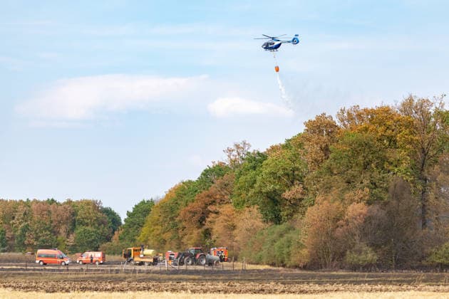 Feuerwehr kämpft bei Buschhoven gegen Flächenbrand am Waldrand Bei Buschhoven (Gemeinde Swisttal) breitet sich ein Flächenbrand aus: Ein zunächst brennendes Feld hat sich durch starken Wind auf angrenzenden Wald ausgeweitet, mehr als 10.000 Quadratmeter sind betroffen. Rund 150 Einsatzkräfte der Feuerwehr aus Swisttal, Alfter, Rheinbach und Weilerswist kämpfen gegen die Flammen, ein Polizeihubschrauber unterstützt die Löscharbeiten aus der Luft. Swisttal Buschhoven Nordrhein-Westfalen Deutschland Copyright: xMarcxJohnx