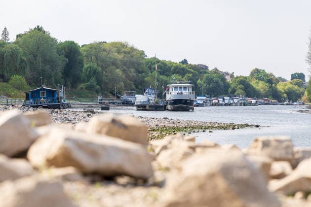 Niedrigwasser am Rhein: Boote und Stege bei Bornheim-Hersel auf Grund Niedrigwasser am Rhein: Bei einem Pegelstand von 74 cm am Pegel Bonn liegt der Rheinarm zwischen Bornheim-Hersel und dem Naturschutzgebiet Herseler Werth größtenteils trocken. Boote und Stege liegen auf dem ausgetrockneten Flussbett auf Grund. Am Rhein werden derzeit historische Tiefstwerte gemessen. Bornheim Hersel Nordrhein-Westfalen Deutschland Copyright: xMarcxJohnx