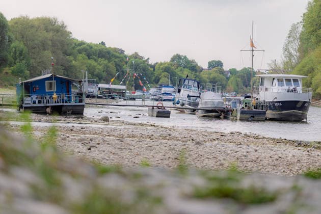 Niedrigwasser am Rhein: Boote und Stege bei Bornheim-Hersel auf Grund Niedrigwasser am Rhein: Bei einem Pegelstand von 74 cm am Pegel Bonn liegt der Rheinarm zwischen Bornheim-Hersel und dem Naturschutzgebiet Herseler Werth größtenteils trocken. Boote und Stege liegen auf dem ausgetrockneten Flussbett auf Grund. Am Rhein werden derzeit historische Tiefstwerte gemessen. Bornheim Hersel Nordrhein-Westfalen Deutschland Copyright: xMarcxJohnx