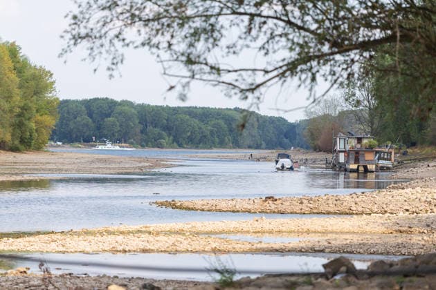 Niedrigwasser am Rhein: Boote und Stege bei Bornheim-Hersel auf Grund Niedrigwasser am Rhein: Bei einem Pegelstand von 74 cm am Pegel Bonn liegt der Rheinarm zwischen Bornheim-Hersel und dem Naturschutzgebiet Herseler Werth größtenteils trocken. Boote und Stege liegen auf dem ausgetrockneten Flussbett auf Grund. Am Rhein werden derzeit historische Tiefstwerte gemessen. Bornheim Hersel Nordrhein-Westfalen Deutschland Copyright: xMarcxJohnx