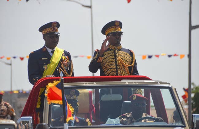 (260811) -- N DJAMENA, Aug. 11, 2026 -- Chadian President Mahamat Idriss Deby Itno (R) reviews the military parade during the Independence Day celebration in N Djamena, the capital of Chad, Aug. 11, 2026. (Photo by Xinhua) CHAD-N DJAMENA-INDEPENDENCE DAY-MILITARY PARADE MbaigolmemxArnaud 
