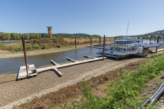 Niedrigwasser am Rhein: Yachthafen Oberwinter teilweise trockengefallen - 11.08.2026. Niedrigwasser am Rhein: Bei einem Pegelstand von -3 cm am Pegel Oberwinter und 70 cm am Pegel Bonn neue Tiefstwerte sind Teile des Yachthafens Oberwinter trockengefallen. Mehrere Boote liegen im Trockenen, eine Zufahrt in den Hafenbereich ist derzeit nicht mehr möglich. Am Rhein werden weiterhin neue Negativrekorde unterboten. Remagen Oberwinter Rheinland-Pfalz Deutschland Copyright: xMarcxJohnx