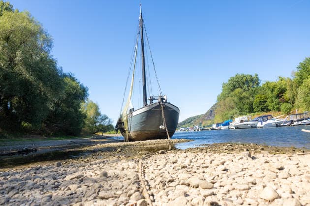 Niedrigwasser am Rhein: Aalschokker Aranka im trockengefallenen Nebenarm bei Insel Grafenwerth - 11.08.26. Niedrigwasser am Rhein: Bei einem Pegelstand von -3 cm am Pegel Oberwinter und 70 cm am Pegel Bonn neue Tiefstwerte liegt der Nebenarm an der Nordspitze der Insel Grafenwerth in Bad Honnef weitgehend trocken. Der historische Aalschokker Aranka liegt auf dem Trockenen, im Hintergrund die Grafenwerther Brücke und der Drachenfels. Die Rheinschifffahrt ist weiterhin stark eingeschränkt. Bad Honnef Insel Grafenwerth Nordrhein-Westfalen Deutschland Copyright: xMarcxJohnx