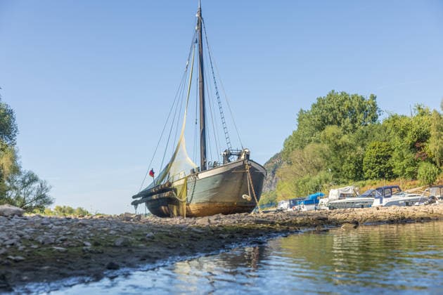 Niedrigwasser am Rhein: Aalschokker Aranka im trockengefallenen Nebenarm bei Insel Grafenwerth - 11.08.26. Niedrigwasser am Rhein: Bei einem Pegelstand von -3 cm am Pegel Oberwinter und 70 cm am Pegel Bonn neue Tiefstwerte liegt der Nebenarm an der Nordspitze der Insel Grafenwerth in Bad Honnef weitgehend trocken. Der historische Aalschokker Aranka liegt auf dem Trockenen, im Hintergrund die Grafenwerther Brücke und der Drachenfels. Die Rheinschifffahrt ist weiterhin stark eingeschränkt. Bad Honnef Insel Grafenwerth Nordrhein-Westfalen Deutschland Copyright: xMarcxJohnx
