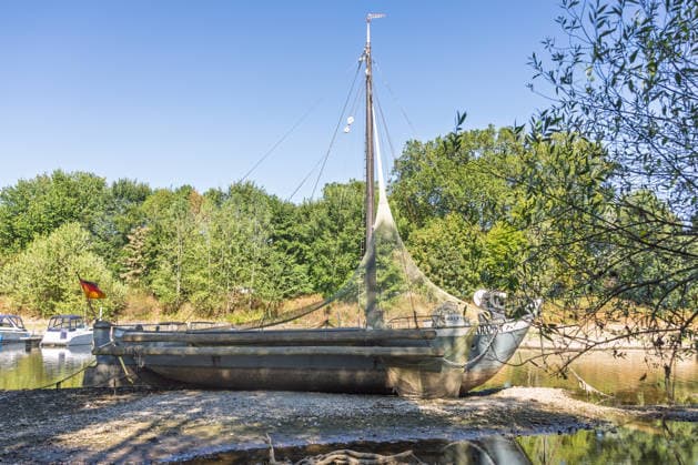 Niedrigwasser am Rhein: Aalschokker Aranka im trockengefallenen Nebenarm bei Insel Grafenwerth - 11.08.26. Niedrigwasser am Rhein: Bei einem Pegelstand von -3 cm am Pegel Oberwinter und 70 cm am Pegel Bonn neue Tiefstwerte liegt der Nebenarm an der Nordspitze der Insel Grafenwerth in Bad Honnef weitgehend trocken. Der historische Aalschokker Aranka liegt auf dem Trockenen, im Hintergrund die Grafenwerther Brücke und der Drachenfels. Die Rheinschifffahrt ist weiterhin stark eingeschränkt. Bad Honnef Insel Grafenwerth Nordrhein-Westfalen Deutschland Copyright: xMarcxJohnx