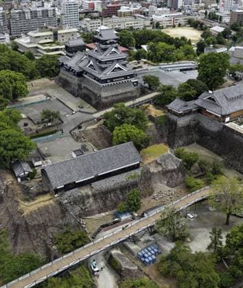 Aftermath of strong earthquake in Kumamoto Photo taken from a drone on Aug. 10, 2026, shows Kumamoto Castle in Kumamoto, southwestern Japan, ahead of its planned reopening to the public on Aug. 13. The castle closed immediately after a powerful earthquake struck the region on July 28.  A14AA0005625531P