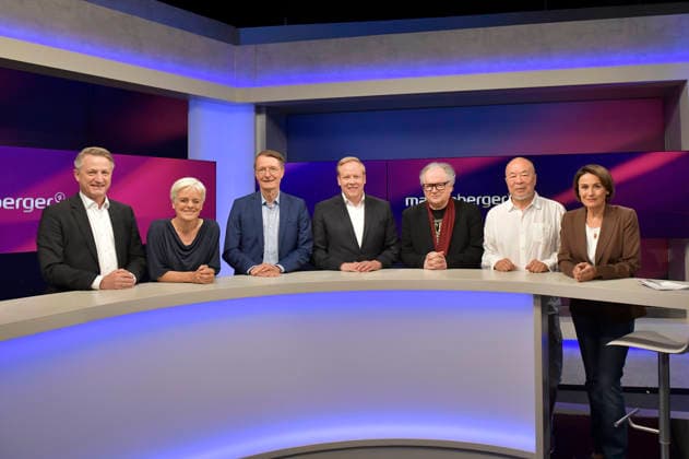 Nikolaus Blome, Ulrike Herrmann, Karl Lauterbach, Tilman Kuban, Heinz Rudolf Kunze, Ai Weiwei und Sandra Maischberger in der ARD-Talkshow maischberger im Studio Berlin Adlershof. Berlin, 11.08.2026