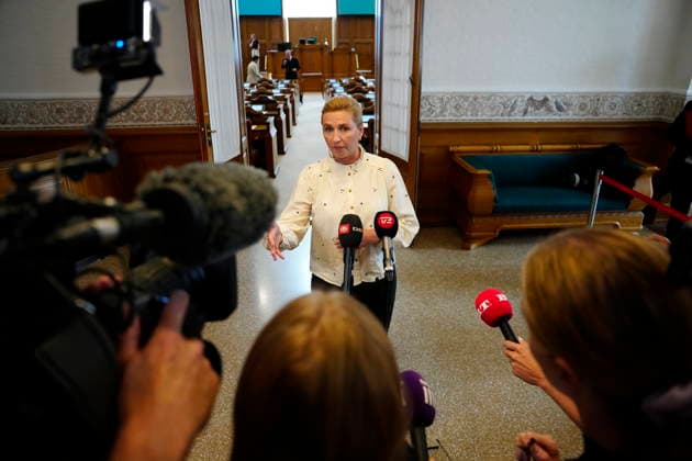 Denmark Migrants Denmarks Prime Minister Mette Frederiksen talks to the media, prior to a meeting in the Parliament with inquires on the migrants who have recently arrived at the Spanish enclave Ceuta, in Copenhagen, Wednesday August 12, 2026 , Copenhagen Denmark Copyright: SebastianxEliasxUthx spdk20260812-095707-L