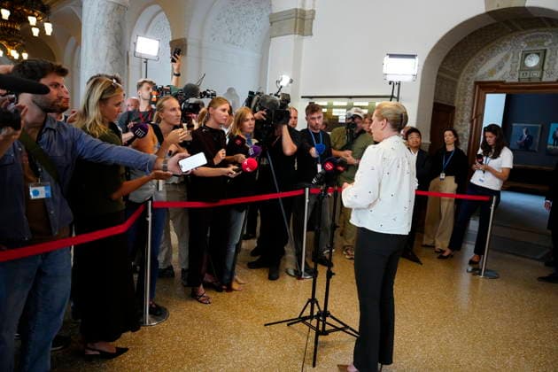 Denmark Migrants Denmarks Prime Minister Mette Frederiksen talks to the media, prior to a meeting in the Parliament with inquires on the migrants who have recently arrived at the Spanish enclave Ceuta, in Copenhagen, Wednesday August 12, 2026 , Copenhagen Denmark Copyright: SebastianxEliasxUthx spdk20260812-100019-L