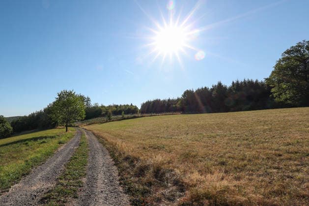 Sommer im Siegerland. Ein wunderbarer Sommermorgen mit reichlich Sonne. Die naechsten (nächsten) Tage sollen die Temperaturen wieder ansteigen. Der Himmel ist blau und die Sonne strahlt vom Himmel auf die Landschaft. Sommer am 12.08.2026 in Siegen Deutschland.