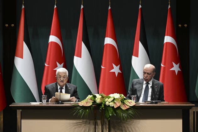 Recep Tayyip Erdogan - Mahmoud Abbas joint press conference in Ankara ANKARA, TURKIYE - AUGUST 12: Turkish President Recep Tayyip Erdogan and Palestinian President Mahmoud Abbas hold a joint press conference at the Presidential Complex in Ankara, Turkiye on August 12, 2026. Dogukan Keskinkilic Anadolu Ankara Turkey. Editorial use only. Please get in touch for any other usage.  Copyright: x2026xAnadoluxDogukanxKeskinkilicx