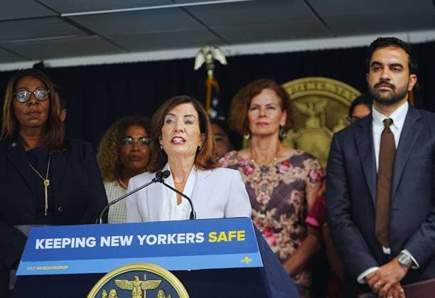 New York officials make an announcement standing up to federal ICE overreach NEW YORK, UNITED STATES- AUGUST 12, 2026: New York Governor Kathy Hochul, speaks at a press conference to announce new state actions and $7.25 million in emergency legal defense funding to counter federal ICE overreach and assist vulnerable immigrant families on Wednesday, August 12, 2026, in New York City, U.S. Selcuk Acar Anadolu New York United States. Editorial use only. Please get in touch for any other usage.  Copyright: x2026xAnadoluxSelcukxAcarx