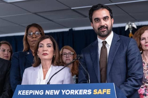 August 12, 2026, New York, New York, USA: Mayor Zohran Mamdani speaks during joint press briefing with Governor Kathy Hochul, Attorney General Letitia James and elected officials and activists standing up to Federal ICE overreach at Governor s office in New York, NY on August 12, 2026. New York USA - ZUMAr339 20260812_znp_r339_021 Copyright: xLevxRadinx