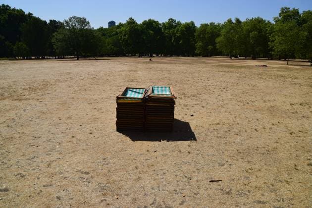 August 13, 2026, London, England, United Kingdom: Folded deck chairs lie in the scorching sun in a completely dry Green Park as drought conditions continue. An amber heat health alert has been issued as the fifth heatwave of the year hits the UK. London United Kingdom - ZUMAv130 20260813_zip_v130_011 Copyright: xVukxValcicx