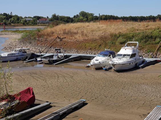 13.08.2026, Deutschland, NRW, Wetter, Hitze, Flüsse, Trockenheit, Ausgetrocknetes Hafenbecken am Rhein in Düsseldorf, Boote können den Hafen nicht verlassen, Deutschland Copyright: xD.xKerlekin SnowfieldxPhotographyx SF130826BooteD1
