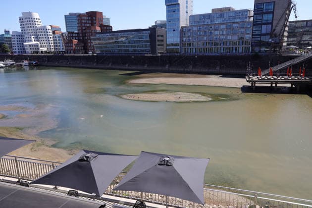 13.08.2026, Deutschland, NRW, Wetter, Hitze, Flüsse, Niedrigwasser, Trockenheit, Durch die Hitze ist das Rhein-Wasser im Medienhafen in Düsseldorf stark zurück gegangen, Rheinturm, Gehry buildungs, Deutschland Copyright: xD.xKerlekin SnowfieldxPhotographyx SF130826HafenD3