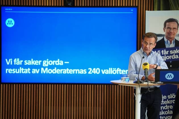 STOCKHOLM, SWEDEN 20260814 Moderate Party leader Ulf Kristersson (M) during a press conference where he presents the results of the Moderate Party’s campaign promises for this term and the impact they have had on Sweden STOCKHOLM SWEDEN x10658x  Copyright: xMagnusxLejhall TTx PRESSTRÄFF MODERATERNA OM VALLÖFTEN sWBvUq8JyLQ