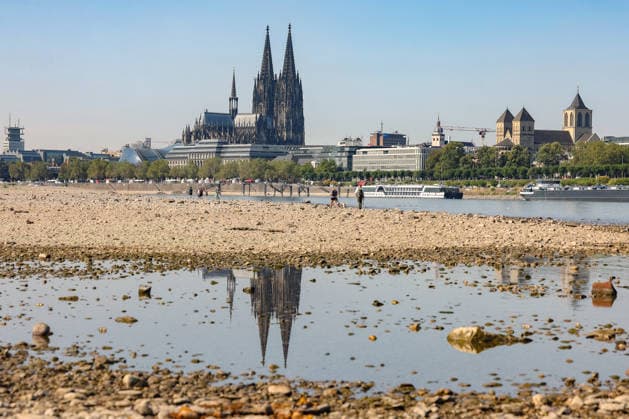 Sommer im Rheinland. Blick auf den Rhein bei Koeln (Köln) - Deutz. Der Rhein in Koeln (Köln) fuehrt (führt) Niedrigwasser aufgrund anhaltender Trockenheit. Im Hintergrund der Koelner (Kölner) Dom. Im Vordergrund spiegelt sich der Dom im Wasser. Sommer im Rheinland am 14.08.2026 in Koeln (Köln) Deutschland.