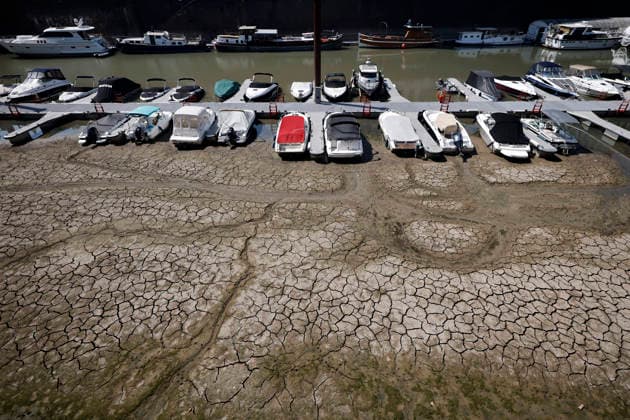 Bei ausbleibenden Regen ist der historisch niedrige Wasserstand des Rheins in NRW noch weiter gefallen. In Köln ist am Donnerstag (13. August) ein Wert on 49 Zentimetern gemessen worden. Der Rheinpegel ist in Köln damit auf einem Rekordtief. Viele Rheinwiesen sind verdorrt und versteppt und der sonst so stolze Fluss hat sich tief in sein Bett zurückgezogen, gibt den Blick auf trockene Ufer wie hier im Rheinauhafen frei. (Themenbild, Symbolbild) Köln, 14.08.2026 NRW Deutschland Copyright: xChristophxHardtx