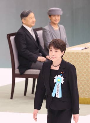 August 15, 2026, Tokyo, Japan - Japanese Prime Minister Sanae Takaichi (Front) walks for a speech at the memorial service for the war dead at the Nippon Budokan hall in Tokyo on Saturday, August 15, 2026, while Emperor Naruhito (back, L) and Empress Masako (Back, R) look on. Japan marked the 81st anniversary of its surrender of World War II. (photo by Yoshio Tsunoda AFLO)  aflo_341018770
